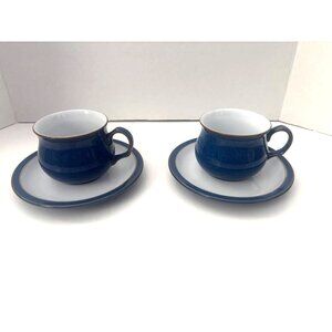 DENBY LANGLEY Imperial Blue Cup & Saucer Sets Set of 2  UK Pottery Dark Blue